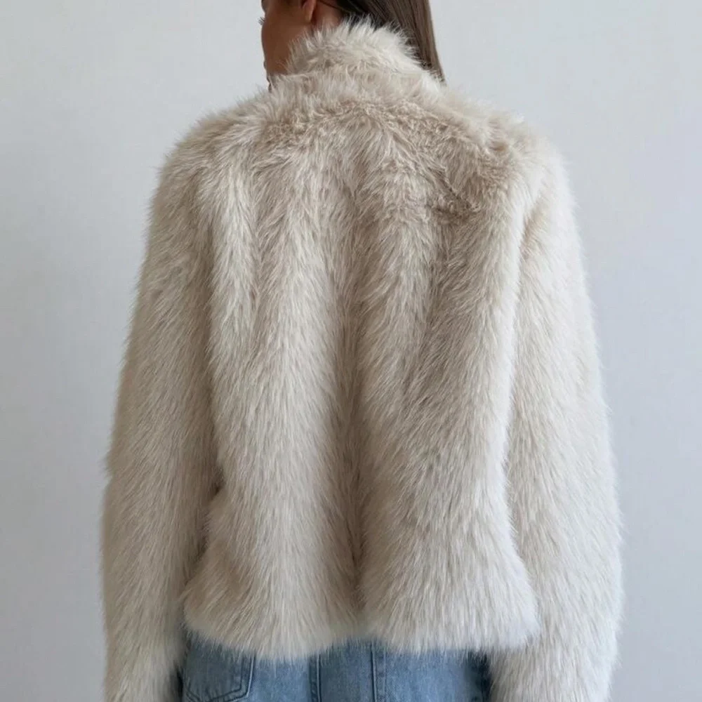 Aloruh Women Stand Collar Fitted Long Sleeve Fluffy Button Apricot Jacket, - Picture 4 of 4